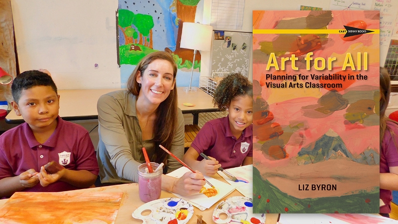 Liz Byron with two students and the Art for All book cover