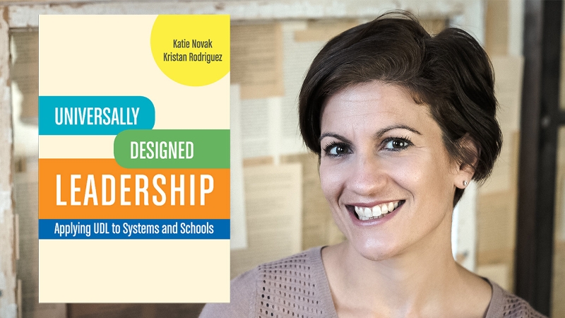 Headshot of Katie Novak and the Universally Designed Leadership book cover