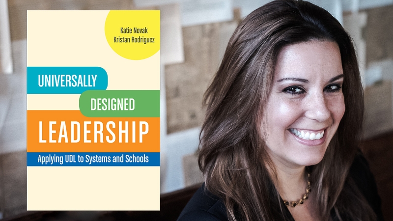 Headshot of Kristan Rodriguez and the Universally Designed Leadership book cover
