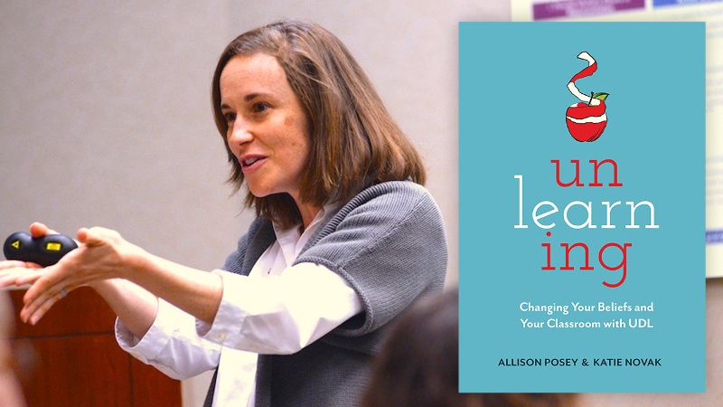 Photo of Allison Posey presenting along with the Unlearning book cover